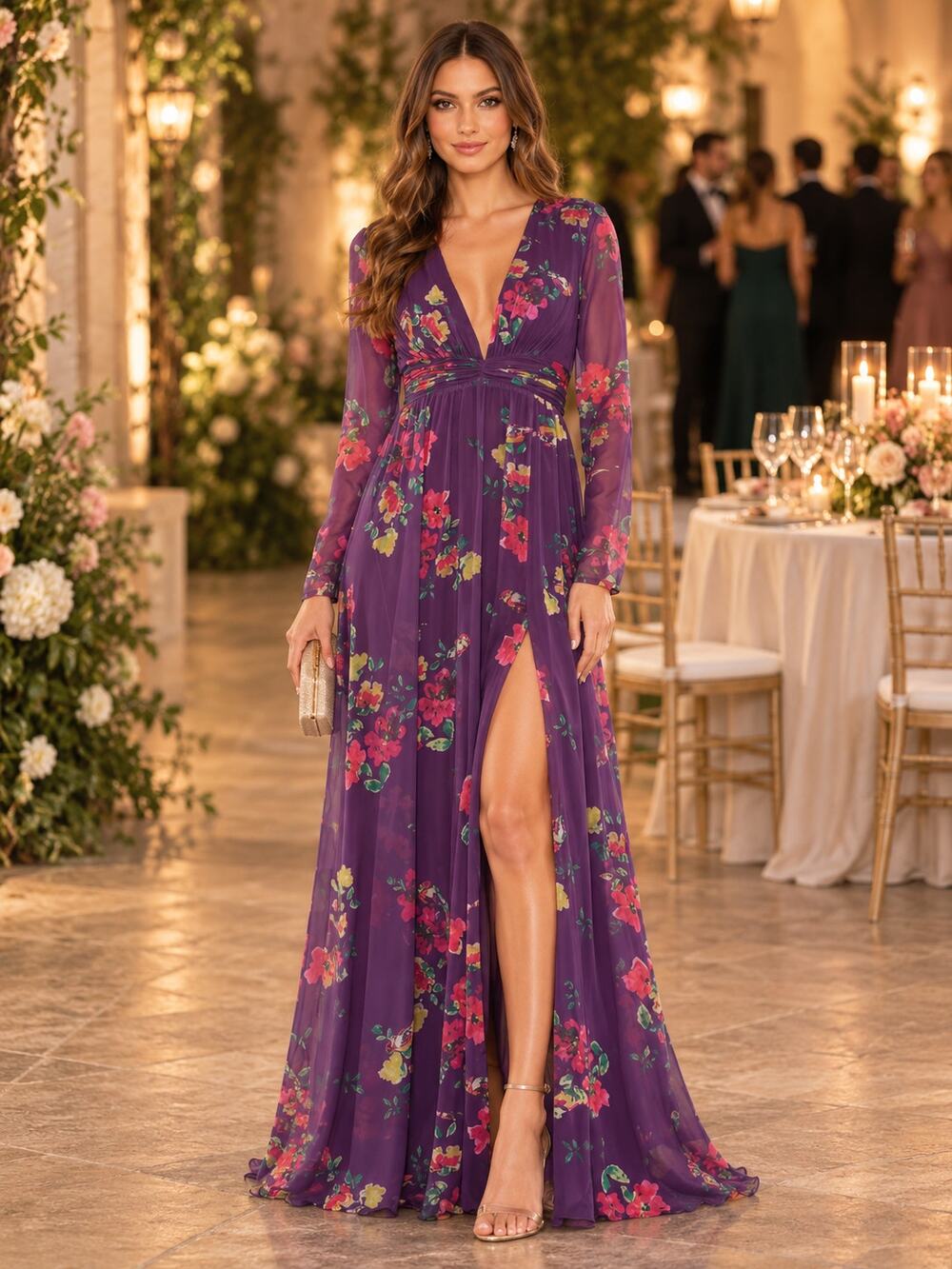 New with Tags Mac Duggal 68558 Purple Floral Chiffon Plunge Slit Gown Size 4